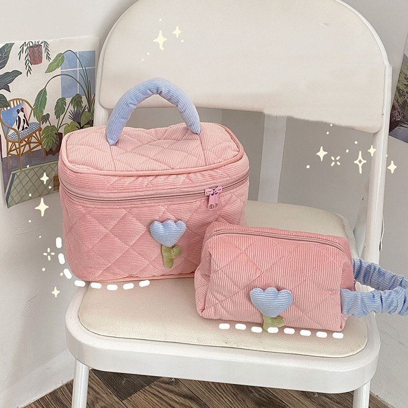 Flowers Print Pouch Large Travel Cosmetic Bag Corduroy Toiletry Bags Storage Box