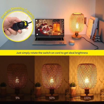 Handmade Rattan Woven Bedside Table Lamp Dimmable Boho Desk Home Decoration Gift
