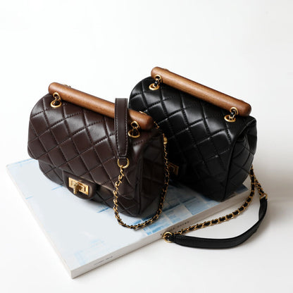 Small Mini Quilted Lambskin Leather Wood Handle Bag Flap Shoulder Purse w/ Chain
