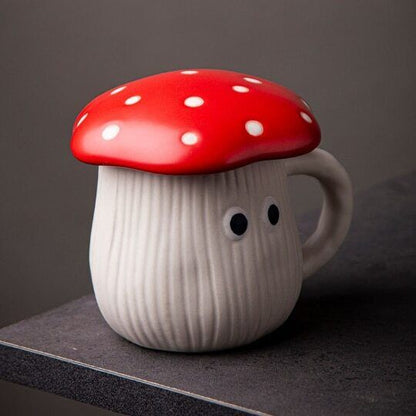 Ceramic Red Mushroom Mug with Lid, Umbrella Cover Lid Coffee Cup with Handle
