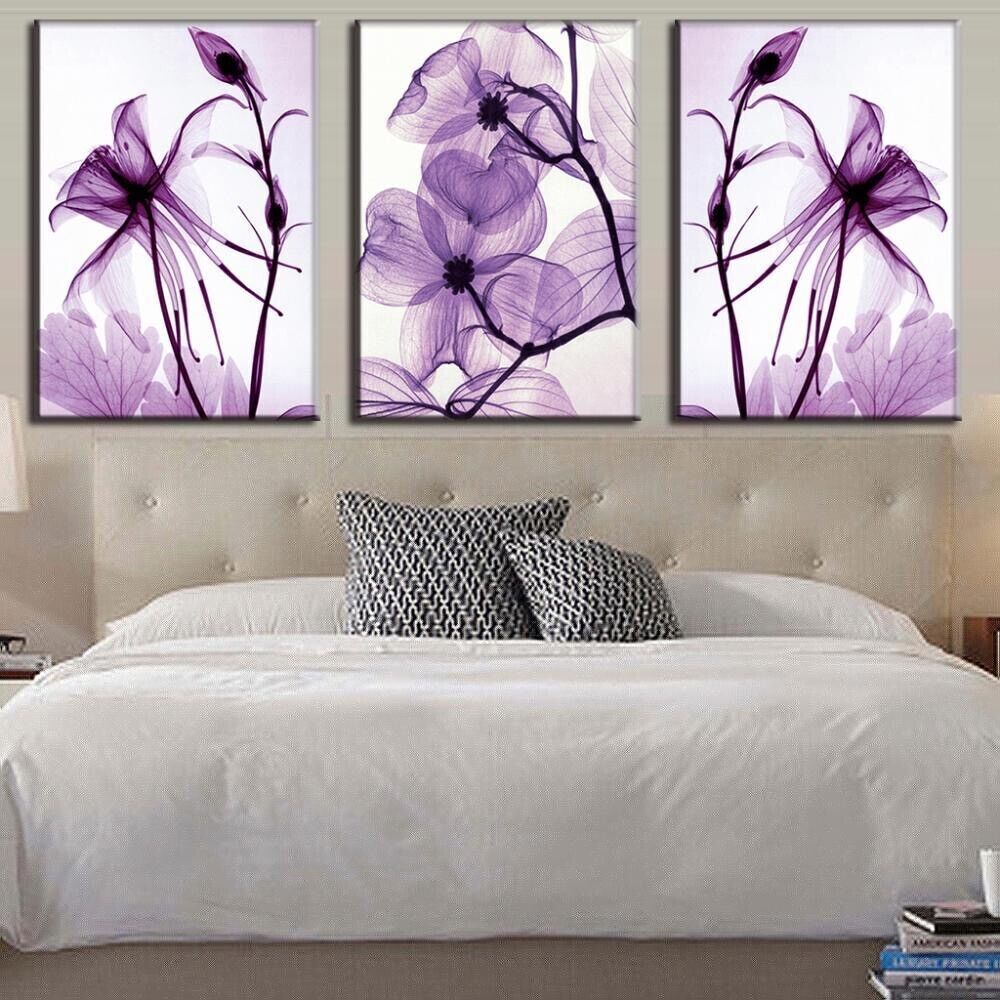 Abstract Purple Violet Flowers 3 Pieces Canvas Print Wall Art Poster Home Decor