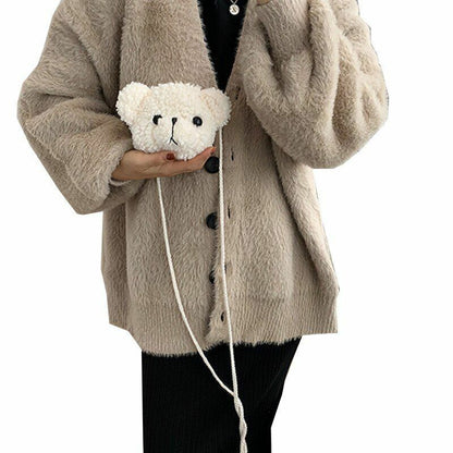 Women Shoulder Bag Girl Bear Soft Plush Crossbody Handbag Mini Purse 13.5x6x11cm