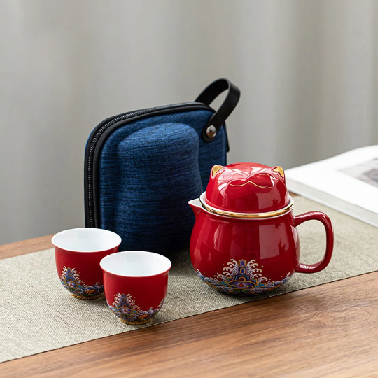 Ceramic Tea cups and Sets Cute Cat Portable Tea Set with Travel Case