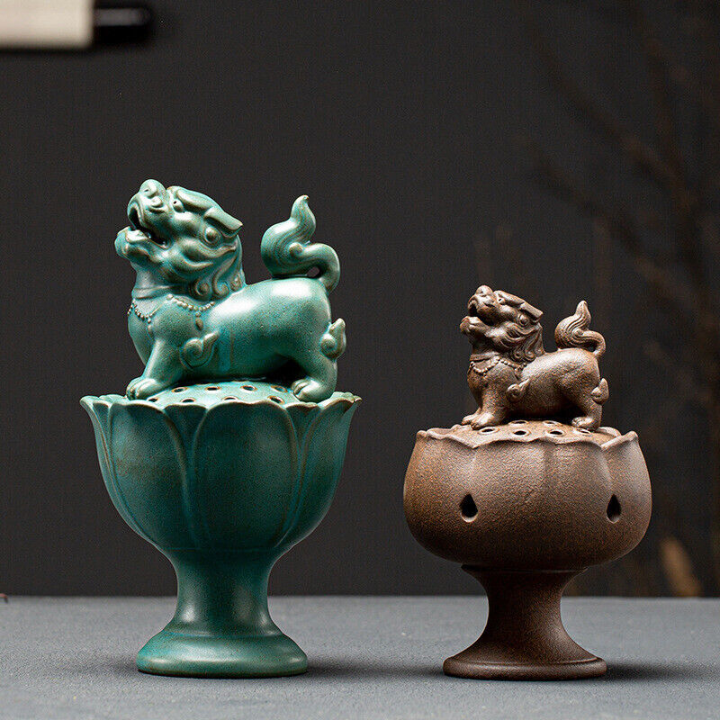 Foo Dog Fyi Statue Lotus Carved Incence Burner Porcelain Decoration Zen Style