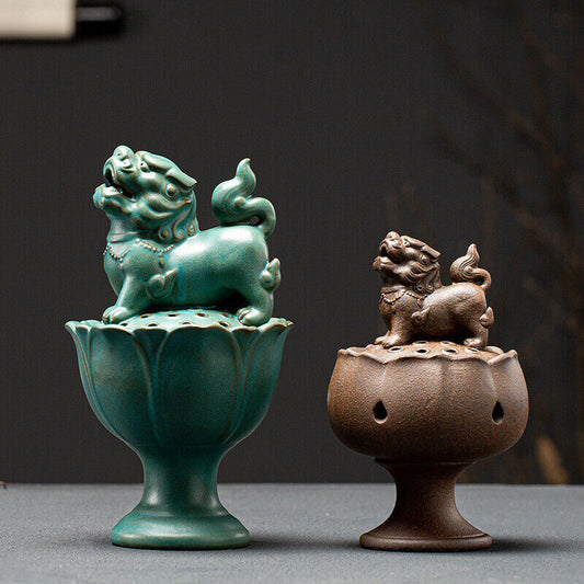 Foo Dog Fyi Statue Lotus Carved Incence Burner Porcelain Decoration Zen Style