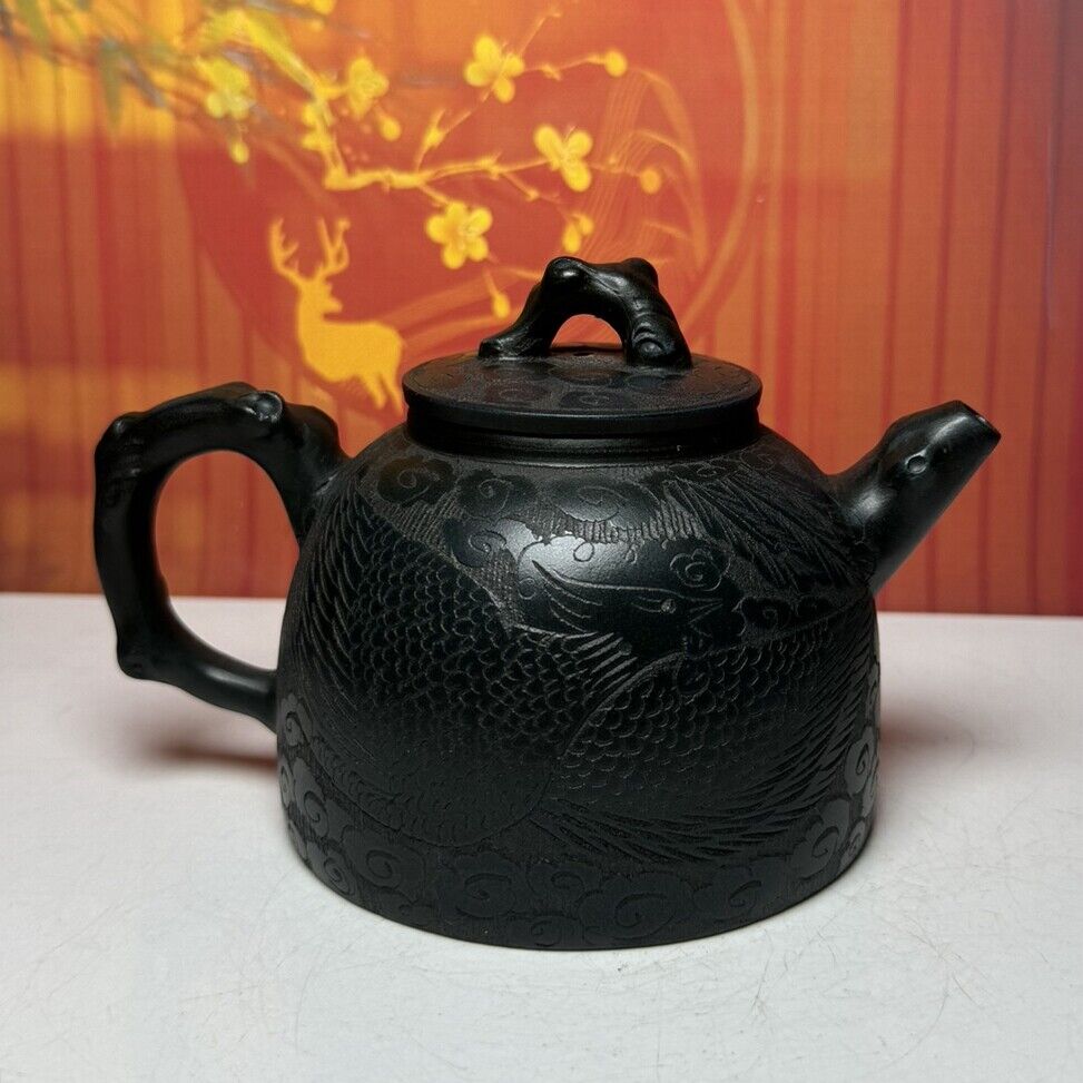 Vintage Chinese Yixing Purple Clay Teapot Zisha Ceremony Dragon Phoenix Teaware