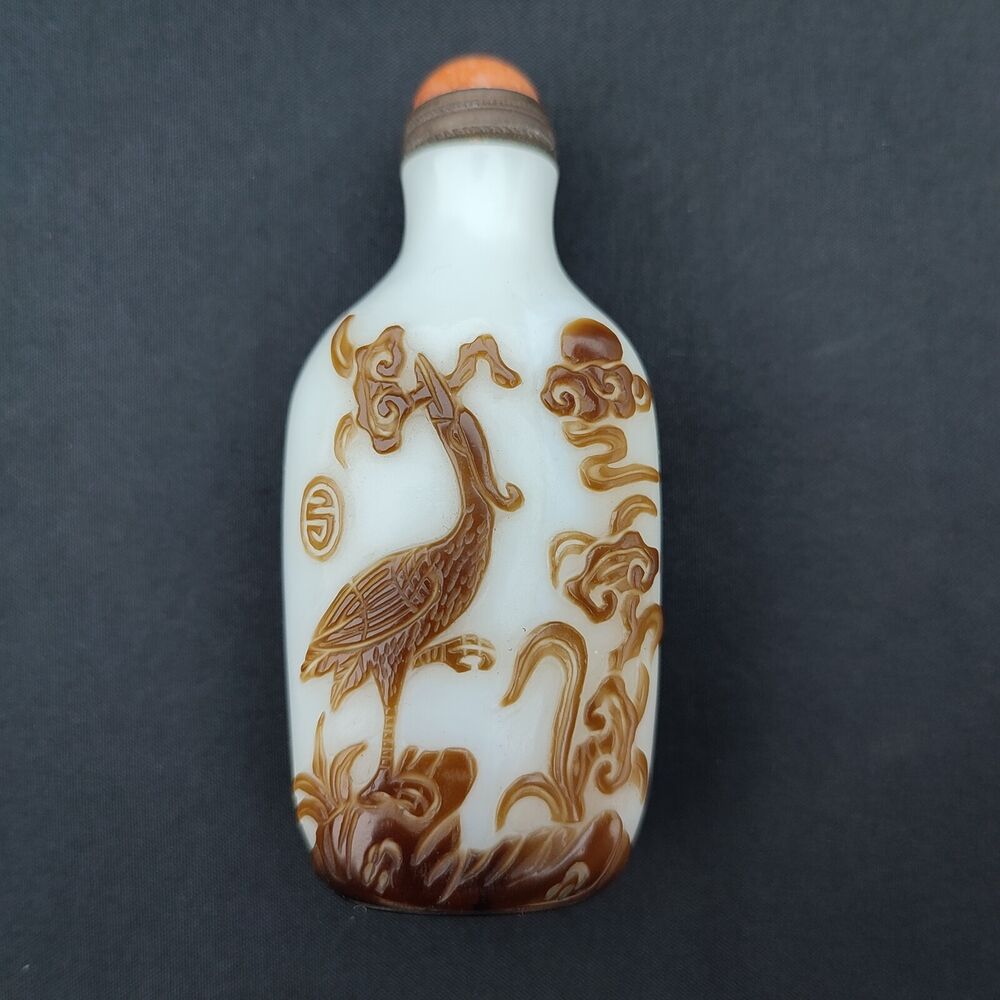 chinese snuff bottle peking glass signed vintage rooster statue crane Artwork