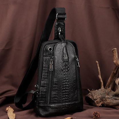 Top Cow Leather Sling Backpack,Crocodile Pattern Chest Crossbody Bag Daypack