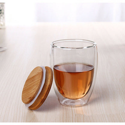 Double Glass Cup Coffee Mugs Tea Cup Tea Set Transparent Heat-resistant Wood Lid