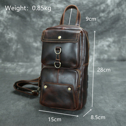 Men's Sling Backpack Crazy Horse Leather Large Capacity Chest Bag Crossbody Bag