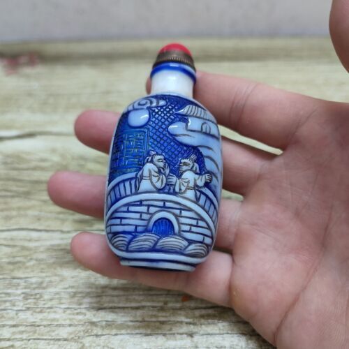 Exquisite Figure-story Glass Antique Chinese Snuff Bottle carved statue signet