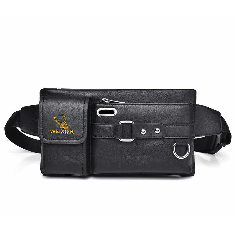 Men's PU Leather Crossbody Bag Outdoor Tactical Chest Pack Funny Waist Phone Bag