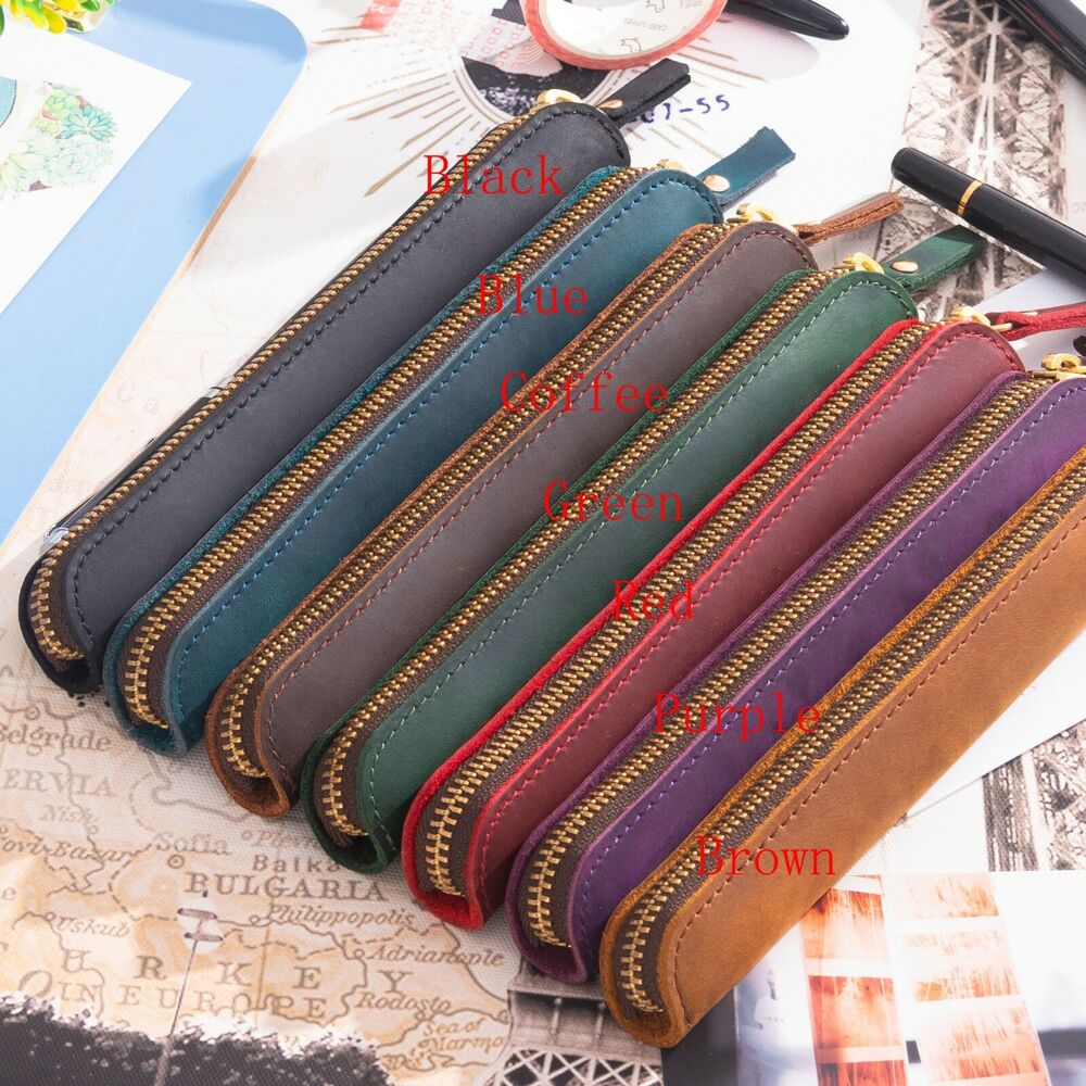 Handmade Cowhide Leather Vintage Zipper Pencil Case mini Single Pen Bag
