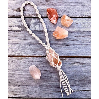 Macrame Wall Hanging Himalayan Salt Rock Raw Rose Quartz Stone Car Home Ornament
