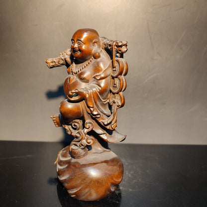 Boxwood carving wooden buddha statue laughing Amitabha sculptures decor figurine