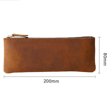 Handmade Cowhide Leather Vintage Zipper Pen Pencil Case Stationery Storage Bag