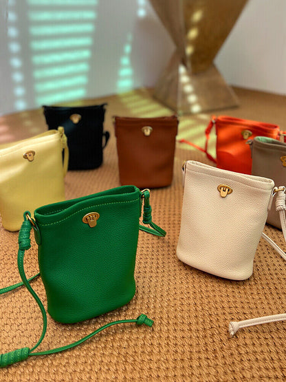 Fashion Mini Real Leather Bucket Bag-Crossbody,Clutch,Shoulder,Pouch & Phone Bag