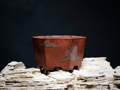 Chinese Yixing Zisha Clay Handmade Exquisite flowerpot（手工六方 底款：铁画轩）