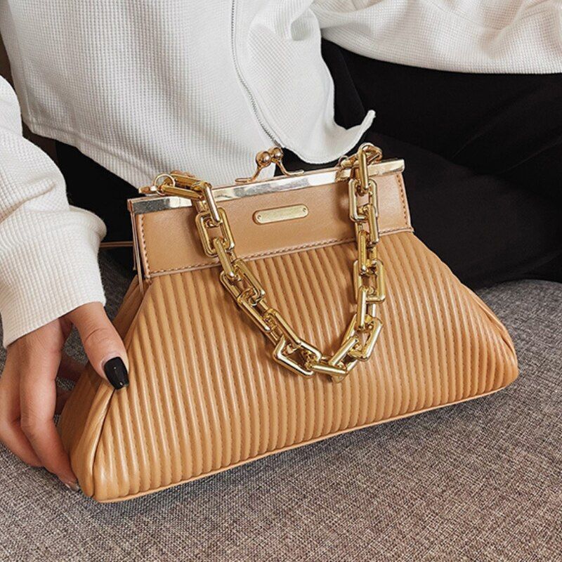 Synthetic Leather Pleated Shoulder Bag Thick Chain Handle Purse 18*31*11 CM Blue