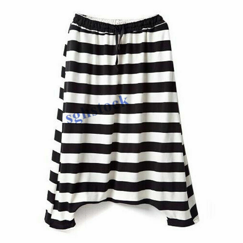 Women Striped Harem Pants New Casual Baggy Low Drop Crotch Trousers Rock Loose @