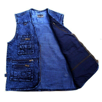 New Men Sleeveless Multipockets Denim Waistcoat Fishing Vest Gilet Tops V Neck @