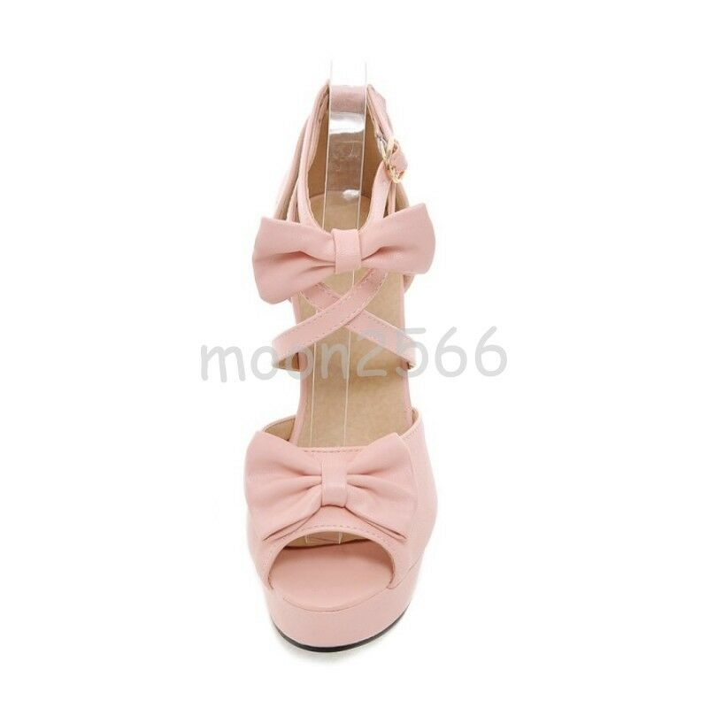 Women Bowknot Block Heels Sweet Peep Toe Cross Strappy Platform Sandals Shoes @