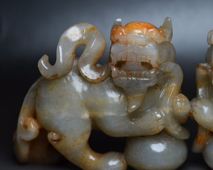 Chinese Antique Hetian Jade Carving Exquisite A Pair Lion Statue Sculpture Rare