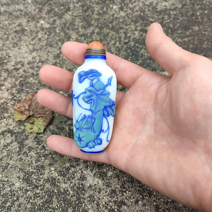 Peking Glass Snuff Bottle Chinese Autumn Eggplant Flower Statue Beautiful Carved