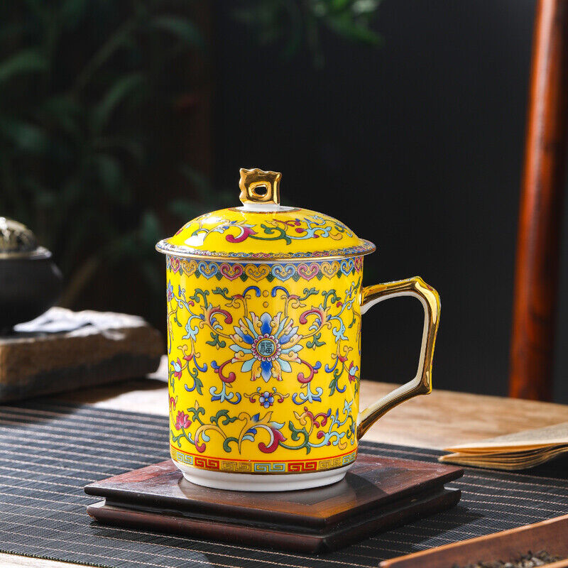 4.82" Chinese Jingdezhen Ceramic Household Tea Cup with Lid Bone Water Cup Gift