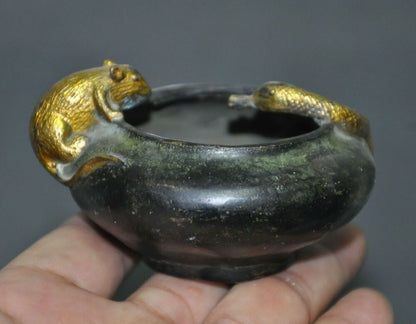 3.2"old China Temple Bronze Gilt Snake Mouse Statue Incense Animal Burner Censer