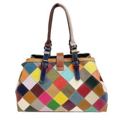 100% Genuine Leather Colorful Patchwork Handbag Women's Tote Shoulder Bag
