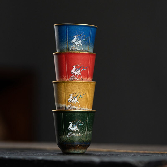 Set of 4 Cups Cute Deer Ceramic Tea Cup Small Gongfu Cup of Tea 50ml