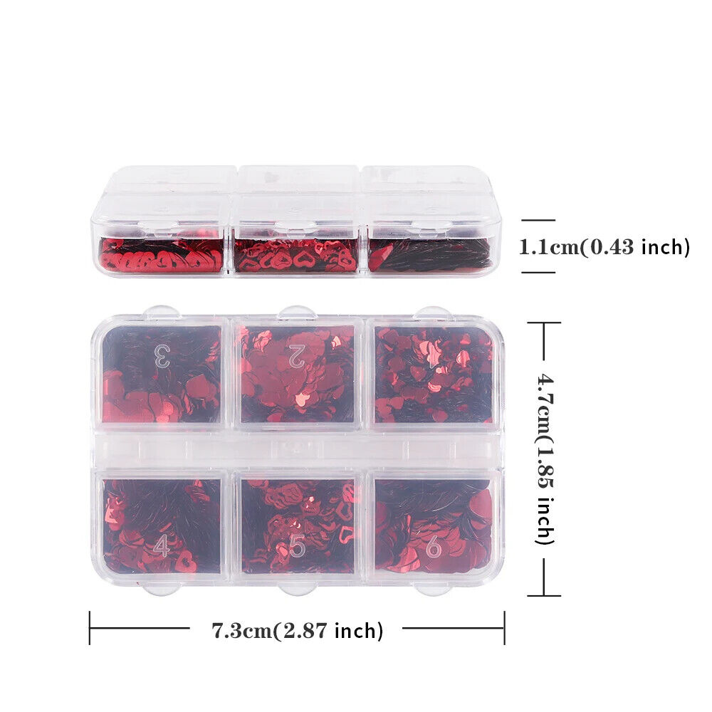 Nail Art Glitter 6 Grids Red Love Heart Sequins Flakes DIY Valentines Decoration