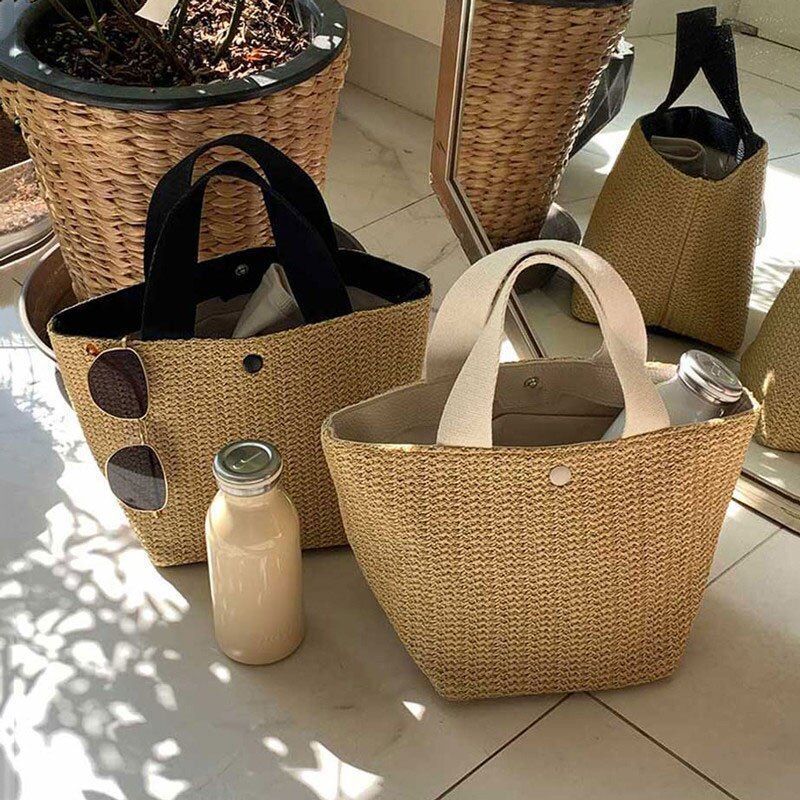 Straw Bag Handmade Woven Basket Tote Bohemian Beach Bag Canvas Handbag Polyester