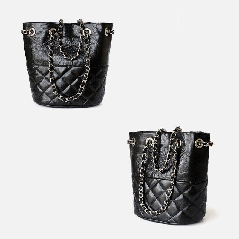 Small Mini Quilted Real Leather Bucket Tote Shoulder Bag Purse Clutch w/ Chain