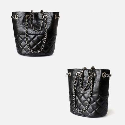 Small Mini Quilted Real Leather Bucket Tote Shoulder Bag Purse Clutch w/ Chain