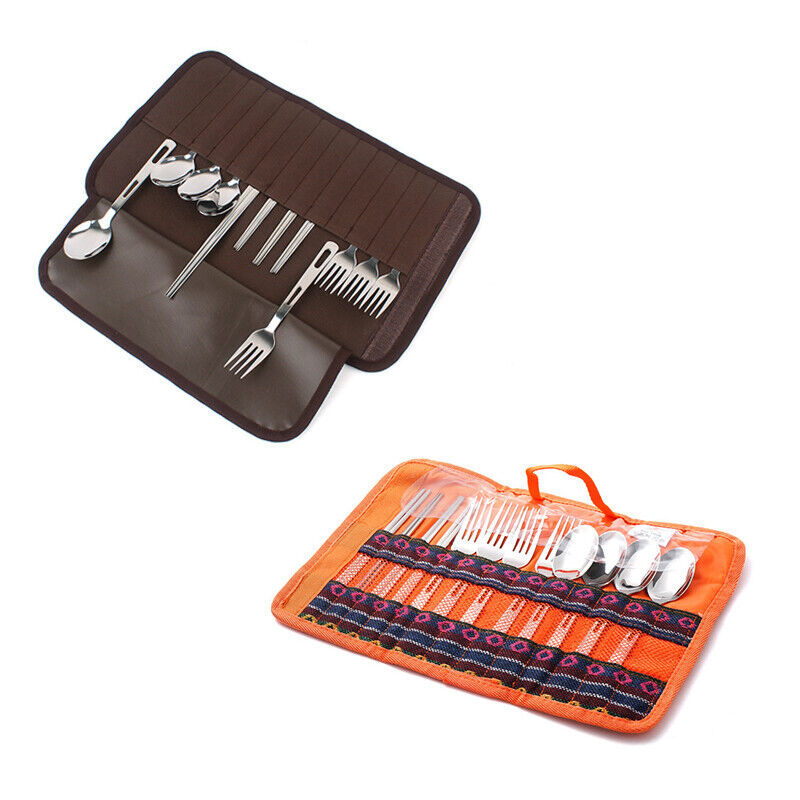 Outdoor Stainless Steel Fold Tableware Sets Spork Chopsticks Travel Picnic Bag