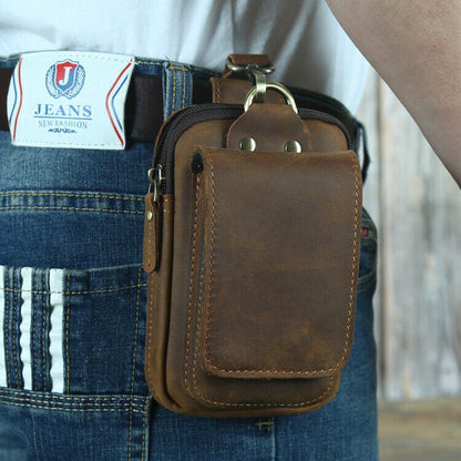 Crazy Horse Leather Men's Design Small Waist Bag Fashion Hook Fanny Belt Pack