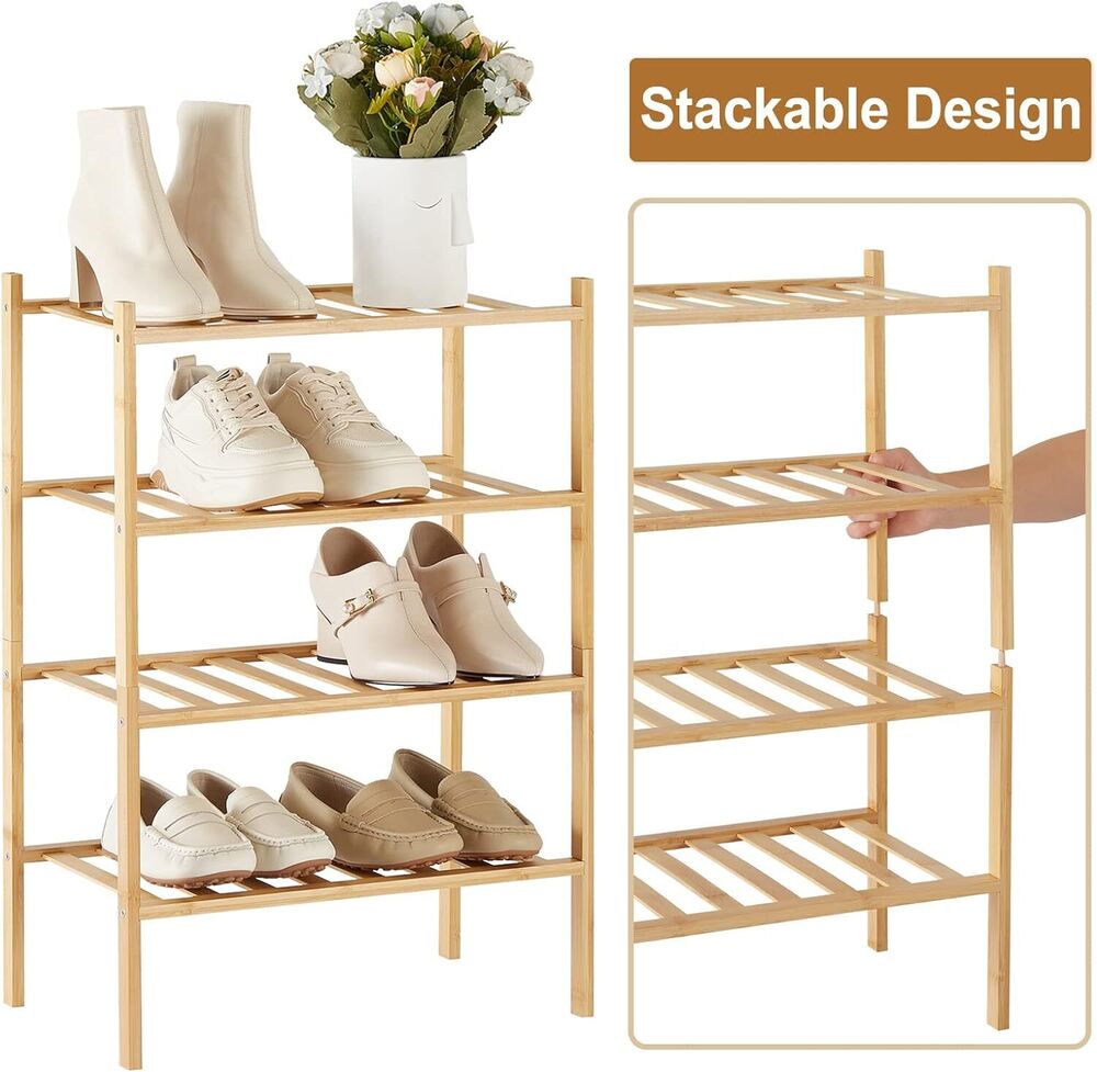 4 Tier Narrow Shoe Rack for Entryway Organizer Storage Bamboo Free Standing