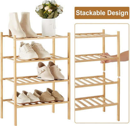 4 Tier Narrow Shoe Rack for Entryway Organizer Storage Bamboo Free Standing