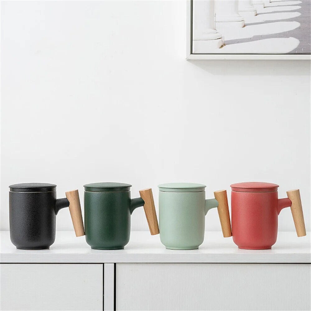 Mug 350ml Ceramic Wood Teacups W/ Lid & Filter Tea Separation Large Capacity Cup