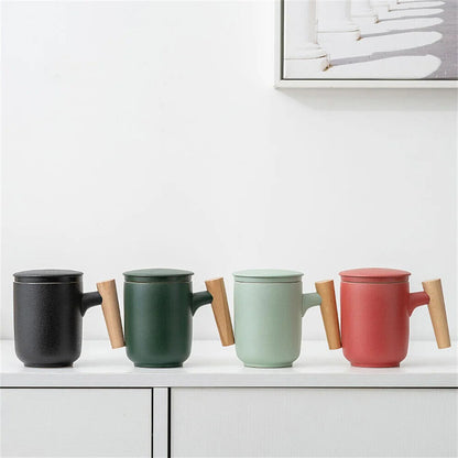 Mug 350ml Ceramic Wood Teacups W/ Lid & Filter Tea Separation Large Capacity Cup
