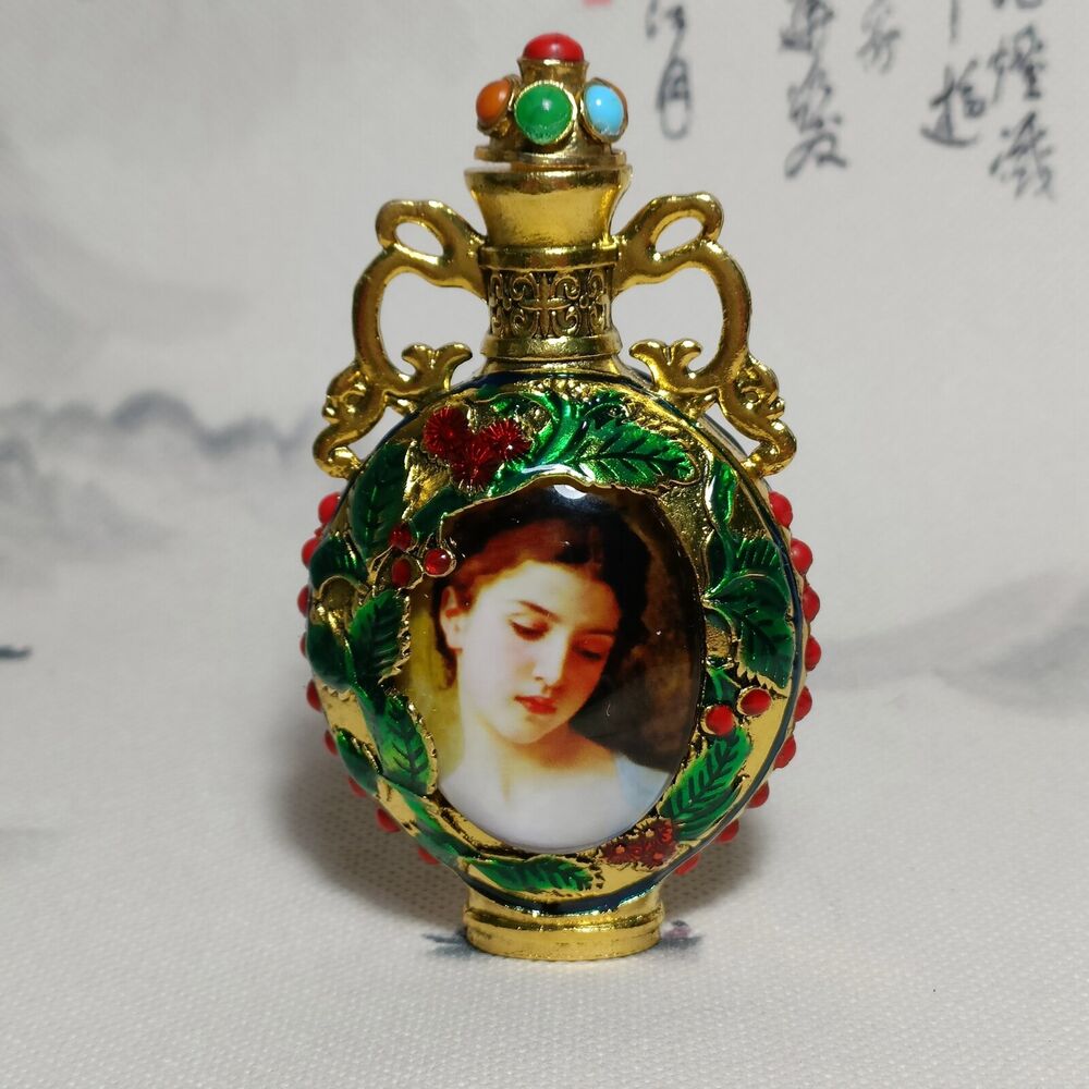 vintage Beijing chinese cloisonne snuff bottle box young women Painted souvenir