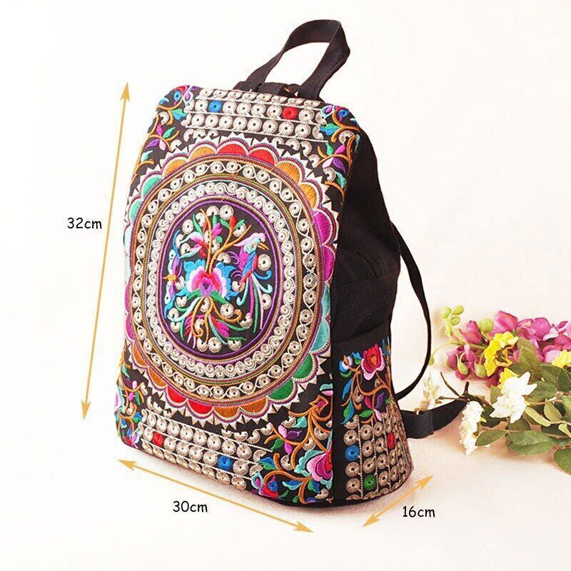 Women Canvas Backpacks Handmade Floral Embroidery Schoolbag Denim Travel Bags