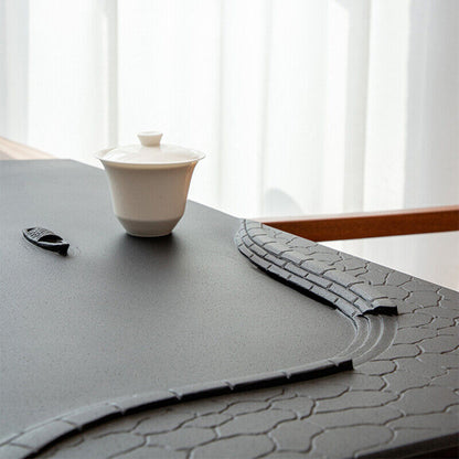Chinese Tea Tray Black Stone Tea Table Boat Shape Design Water Draining Embossed