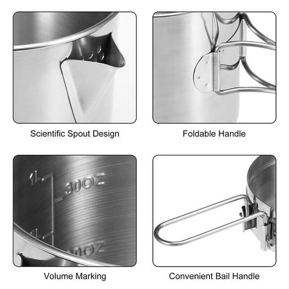 2pcs/Set Portable Folding Camping Kettle Outdoor Picnic Stainless Steel Pan Pot