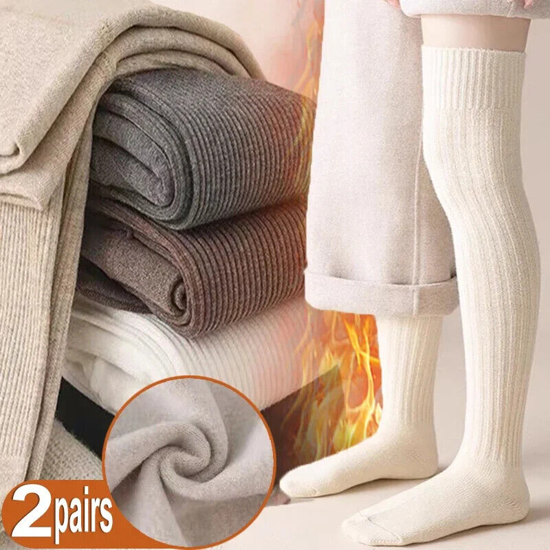 Women Long Socks 1-2 Pairs Wool Cashmere Stockings Girls Autumn Winter Warm Knee
