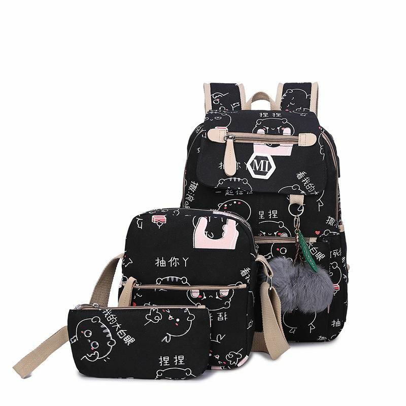 Backpack 3-piece Set Teenagers Girls School Bags Canvas Casual Classical Women