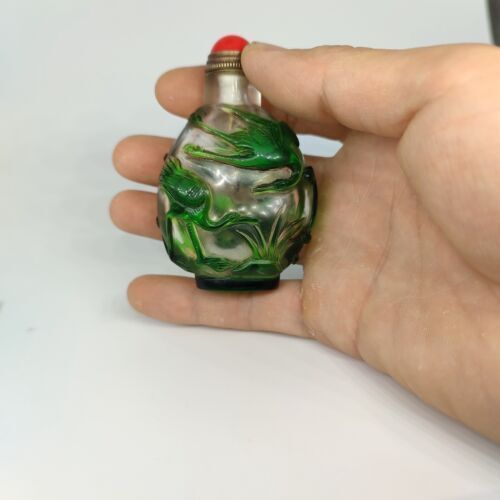 collections Old Beijing chinese glass snuff bottle carved crane statue clean art