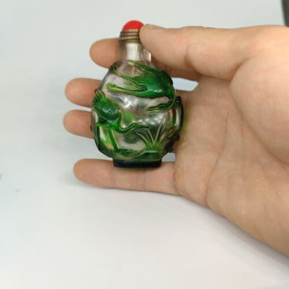 collections Old Beijing chinese glass snuff bottle carved crane statue clean art